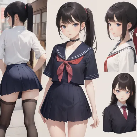 ighly detailed、​masterpiece、NSFW、no panties、no panties、no panties、Not wearing panties、Reveal madness、2.5th Dimension Girl、A slender、Waist exposure、Smaller chest、Constriction、14yo、Short Dimensions Japan High School Summer Sailor Uniform、Blue Micro Mini Skir...