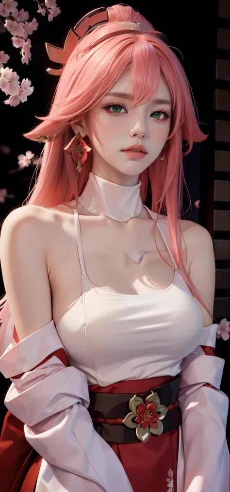 (Masterpiece, Excellent, 1girl, solo, complex details, color difference), realism, ((medium breath)), off-the-shoulders, big breasts, sexy, Yae Miko, long pink hair, red headdress, red highlight, hair above one eye, green eyes, earrings, sharp eyes, perfec...