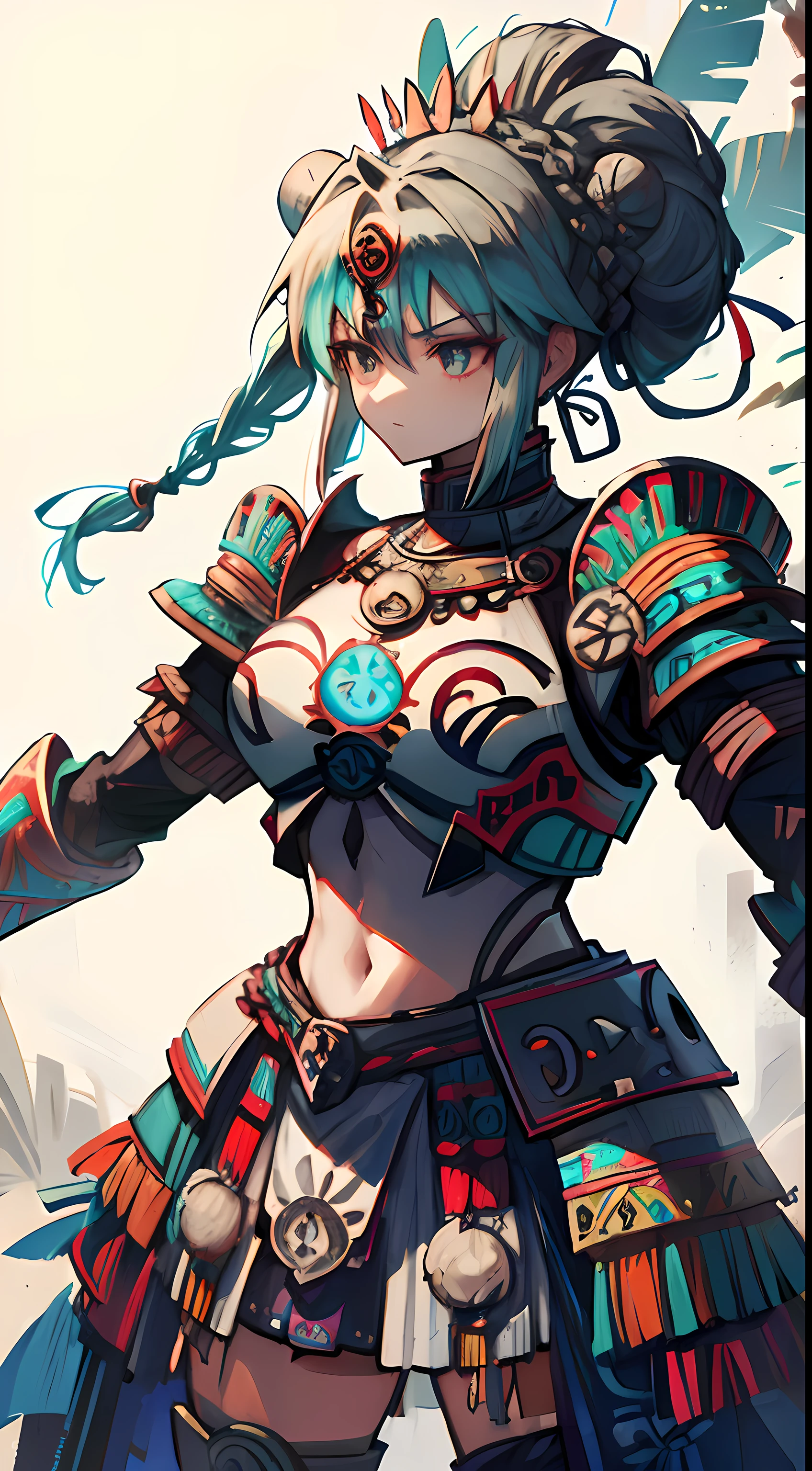 TotempunkAI, aztec, artoria pendragon \(fate\), armor, tied hair, braided bun, Aztec armor cowboy shot, in a forest