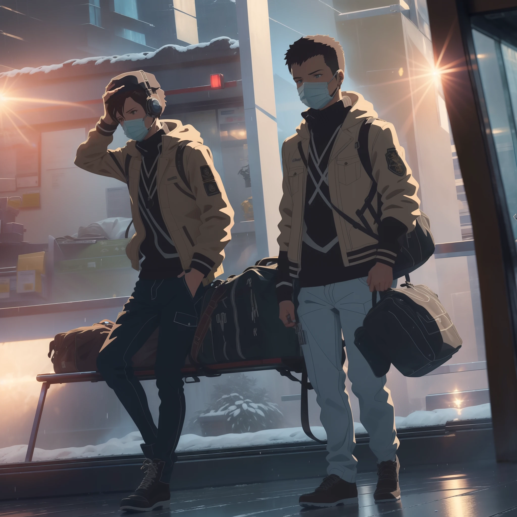((High quality)), ((Masterpiece)), 8K, Libido boy,Light rays, Extremely detailed Cg Unity 8K wallpaper, Game CG, view the viewer, mitts, Boots, full bodyesbian, Watch, Computer, Mask, UAVs, holding weapon, Earphone, Jacket, bag, Backpack,urban backdrop，Makoto Shinkai anime style，The most perfect work of art in the world，