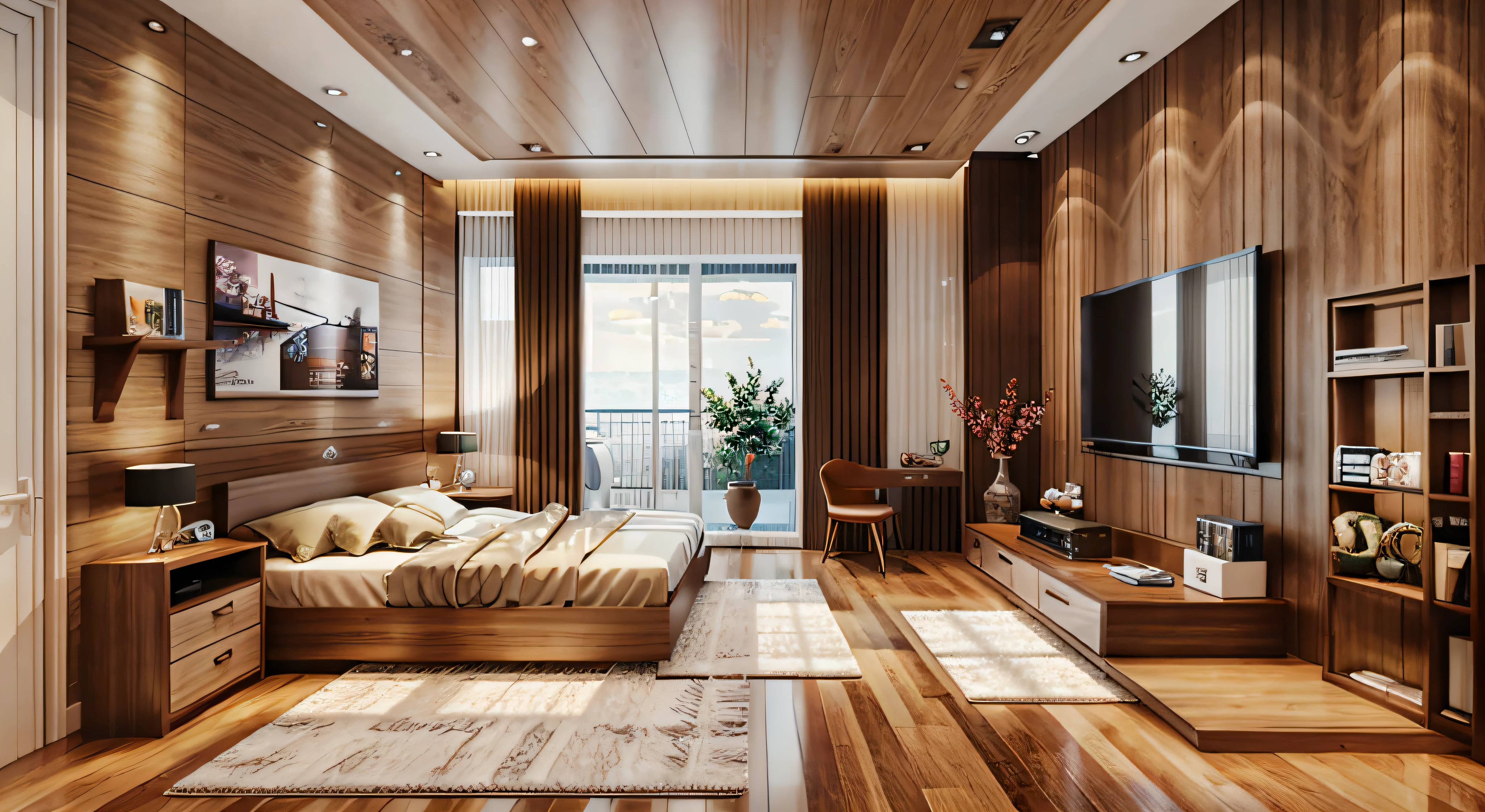 ["Masterpiece, high quality, best quality, authentic, super realistic, super detail, interior, modern bedroom, rug, wooden floor, window, curtains, daylight, vray"]