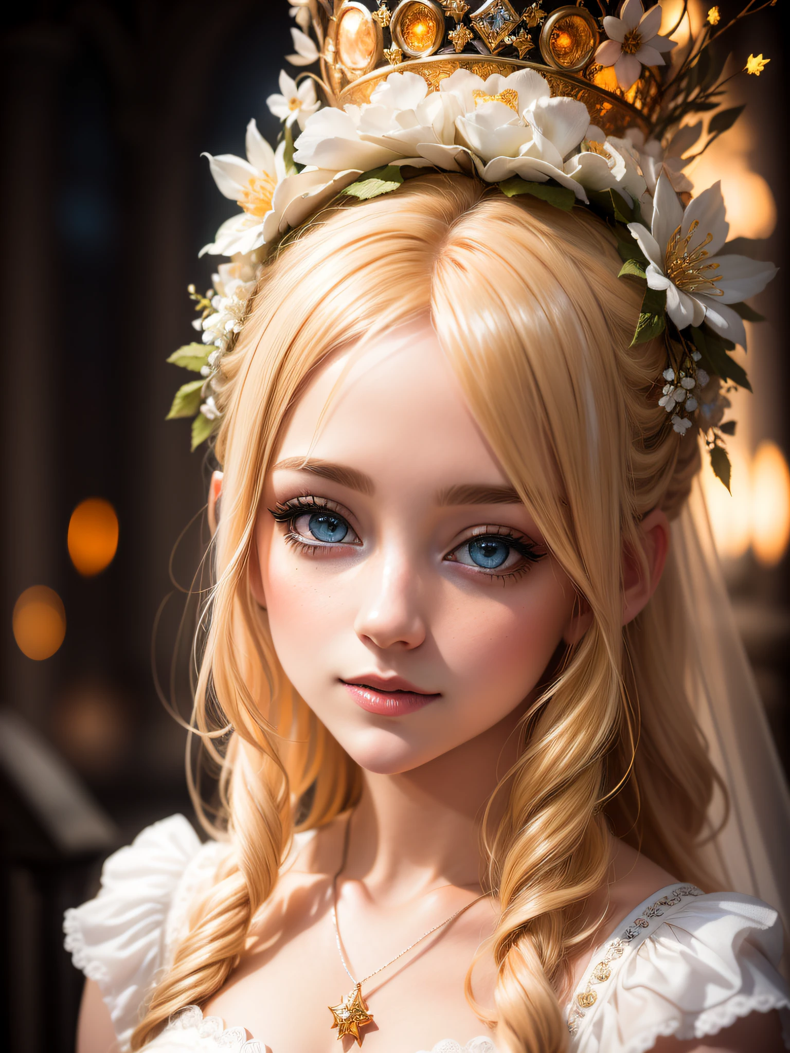 Story, sparkling beautiful eyes, blonde hair, bride posing under a fairy tale, elaborate scene style, glitter, orange, realistic style, 8k,exposure blend, medium shot, bokeh, (hdr:1.4), high contrast, (cinematic, dark orange and white film), (muted colors, dim colors, soothing tones:1.3), low saturation, (hyperdetailed:1.2), (noir:0.4),1 girl