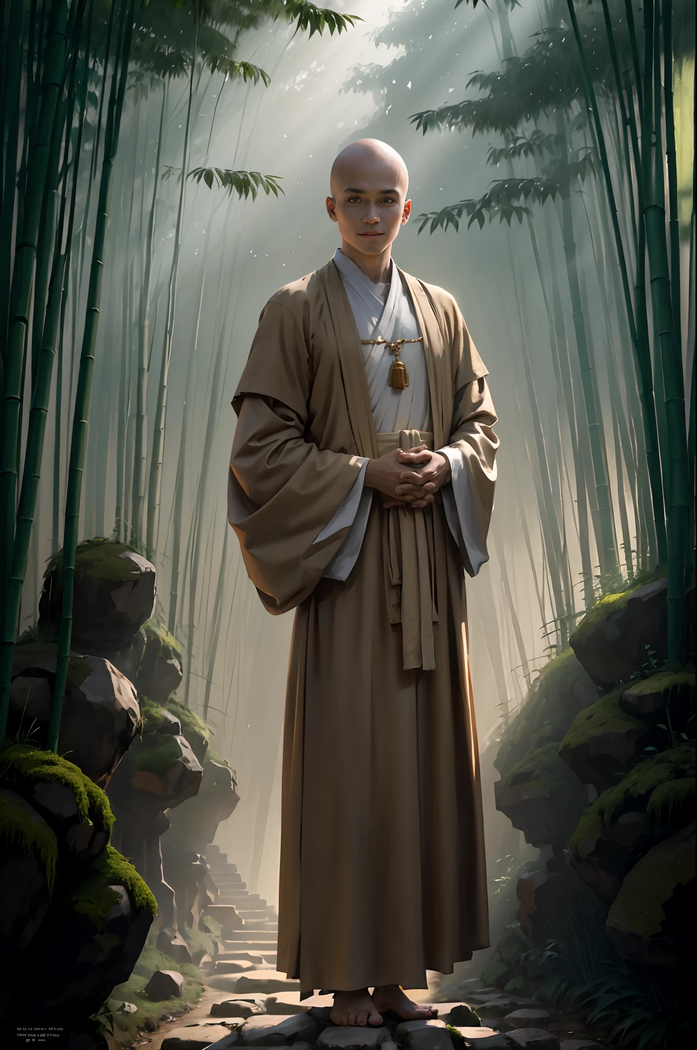 A boy with，ssmile，Beige monk's robe，bald-headed，had his hands folded，standing on your feet，Face the lens，Light spills into the dense bamboo forest，Stone path，moss，Universal high image quality, best quality，ultra - detailed，tmasterpiece，Fine realistic style