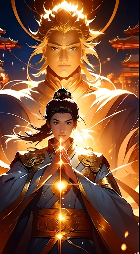 2 people，Immortal Warlock，A handsome Taoist priest stood in front of the Taoist mage，radiating golden light，Handsome Taoist prie...