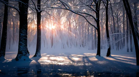 A 3D render of a stunning photograph of a glistening ice-covered tree in a winter forest , sepia during winter at sunset, dawn, film, prime, neutral density, Clarity enhancement.