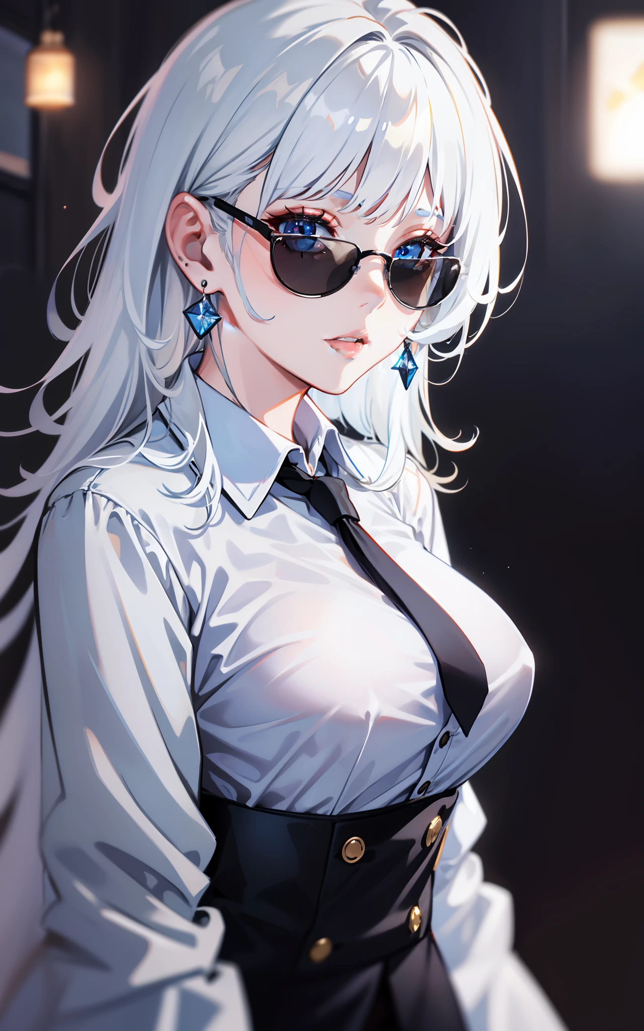 Solo ((perfect hand: 1.2)), White hair, medium hair, best quality, masterpiece, ultra detailed, blunt bangs, beautiful skin, white skin, medium breasts, round sunglasses, both eyes covered, perfeccionism, earrings, cute lips, beautiful, long white shirt, black tie, overcoat, black pants, blue eyes, (ruffling hair, messy hair:1.1), sexy, beautiful lighting, dinamic angle, big quality, (upper body 1.1)