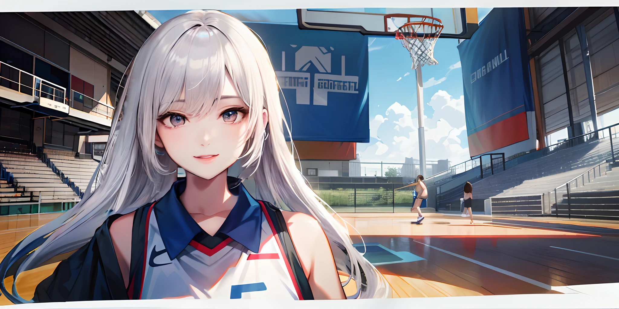 Anime girl with white hair standing in front of basketball court, volley court background, Smooth anime CG art, Official artwork, Digital anime illustration, high detailed official artwork, style of anime4 K, Guviz-style artwork, trending on cgstation, Realistic anime 3 D style, trending on artstation pixiv, Anime style illustration, Girls Frontline CG