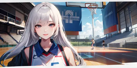 Anime girl with white hair standing in front of basketball court, volley court background, Smooth anime CG art, Official artwork...