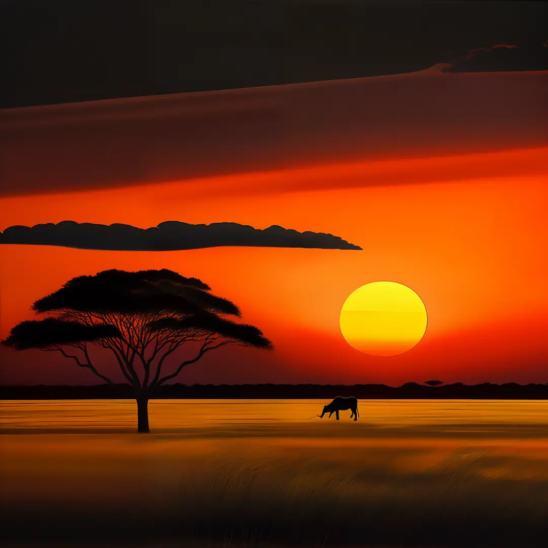 detailed safari sunset on black background by martin johnson hyde, art  stations