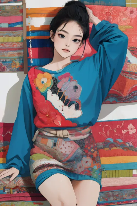 masterpiece, absurdres, highres, ultra detailed, 1girl, solo, stylish pose, 
 8-bit style, textile art, fiber manipulation, wove...