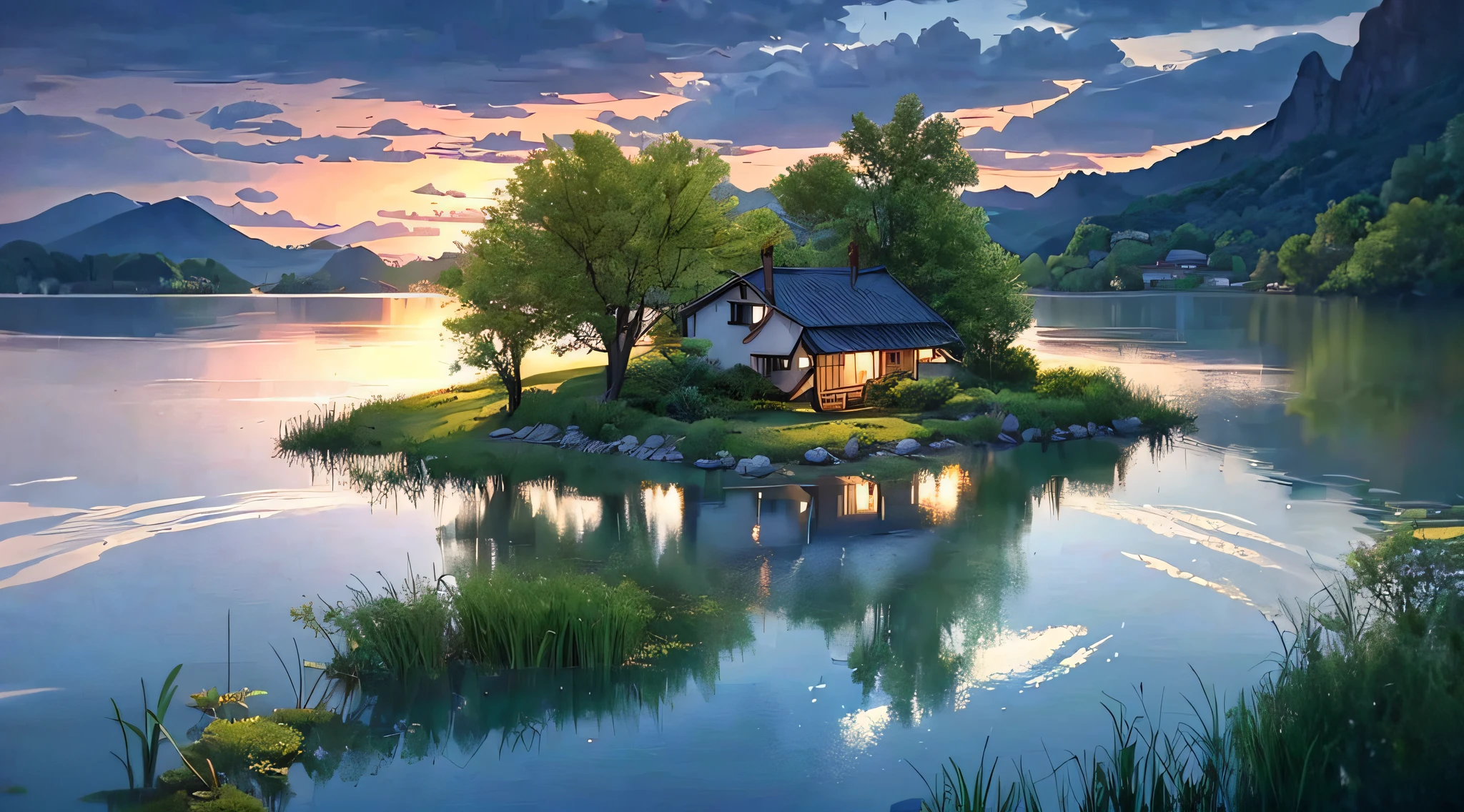 il y a une petite maison sur une petite île au milieu d&#39;un lac, paysage magnifiquement éclairé, paysage paisible, paysage serein, beautiful paysage serein, Paysage incroyable, in a paysage serein, an Paysage incroyable image, Paysage de rêve, beau lac, Beau paysage, paysage magnifique, cadre dans la nature, beau lac background, paysage parfait, Reflets lumineux époustouflants, beautiful Paysage de rêve