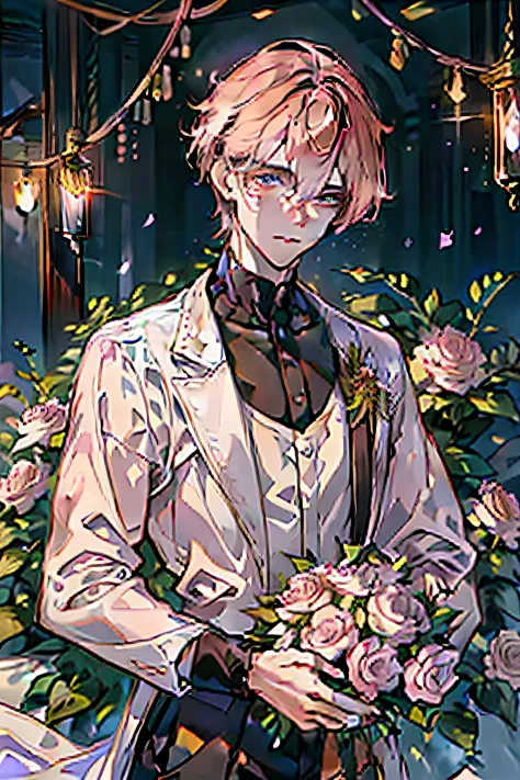 Highest image quality！adult man，Holding a bouquet，The flowers are purple，Watercolor beauty，A handsome and gentle man，Beautiful e...