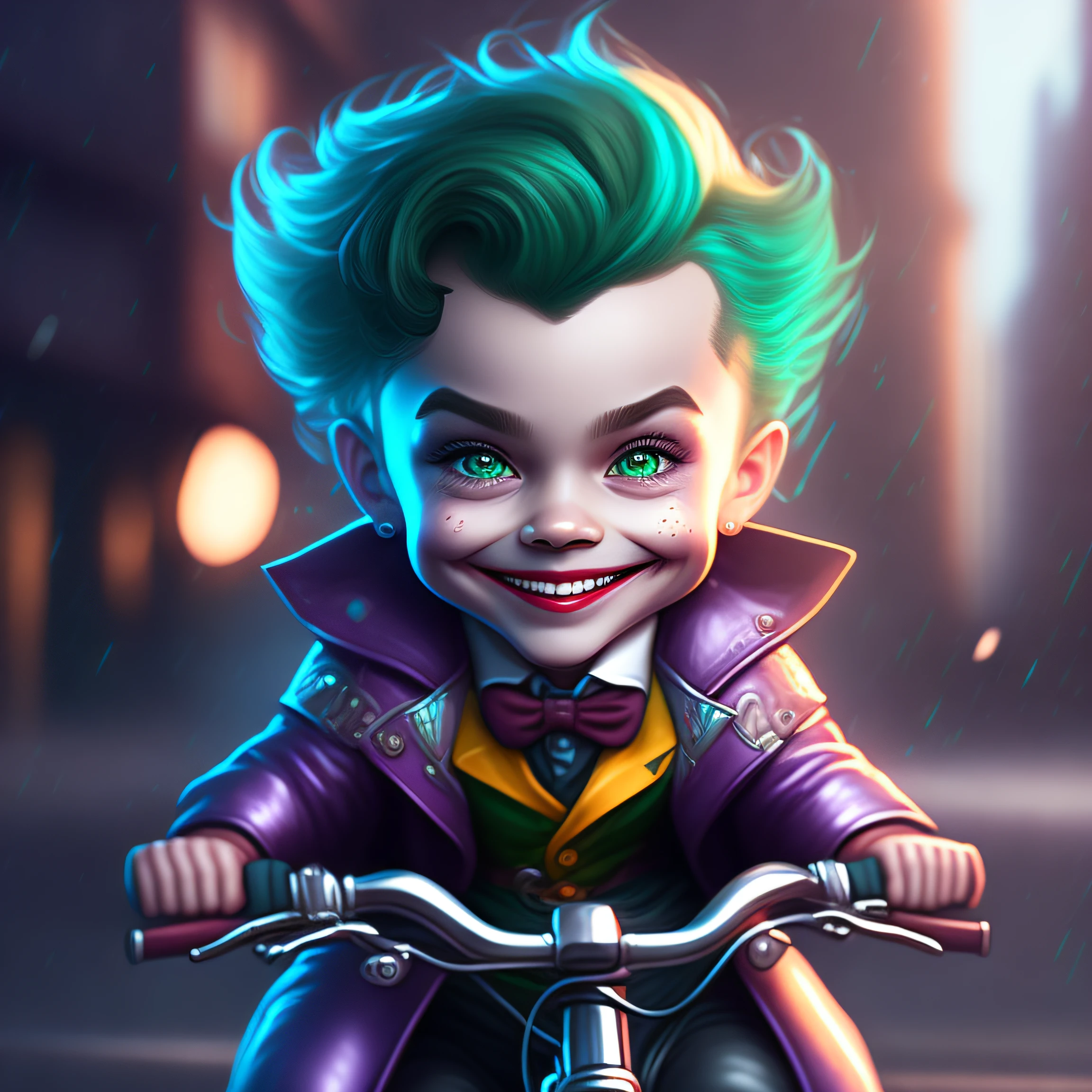 cute portrait of a cute joker riding a bike , cinematic shot , digital art  4k, high detail ,