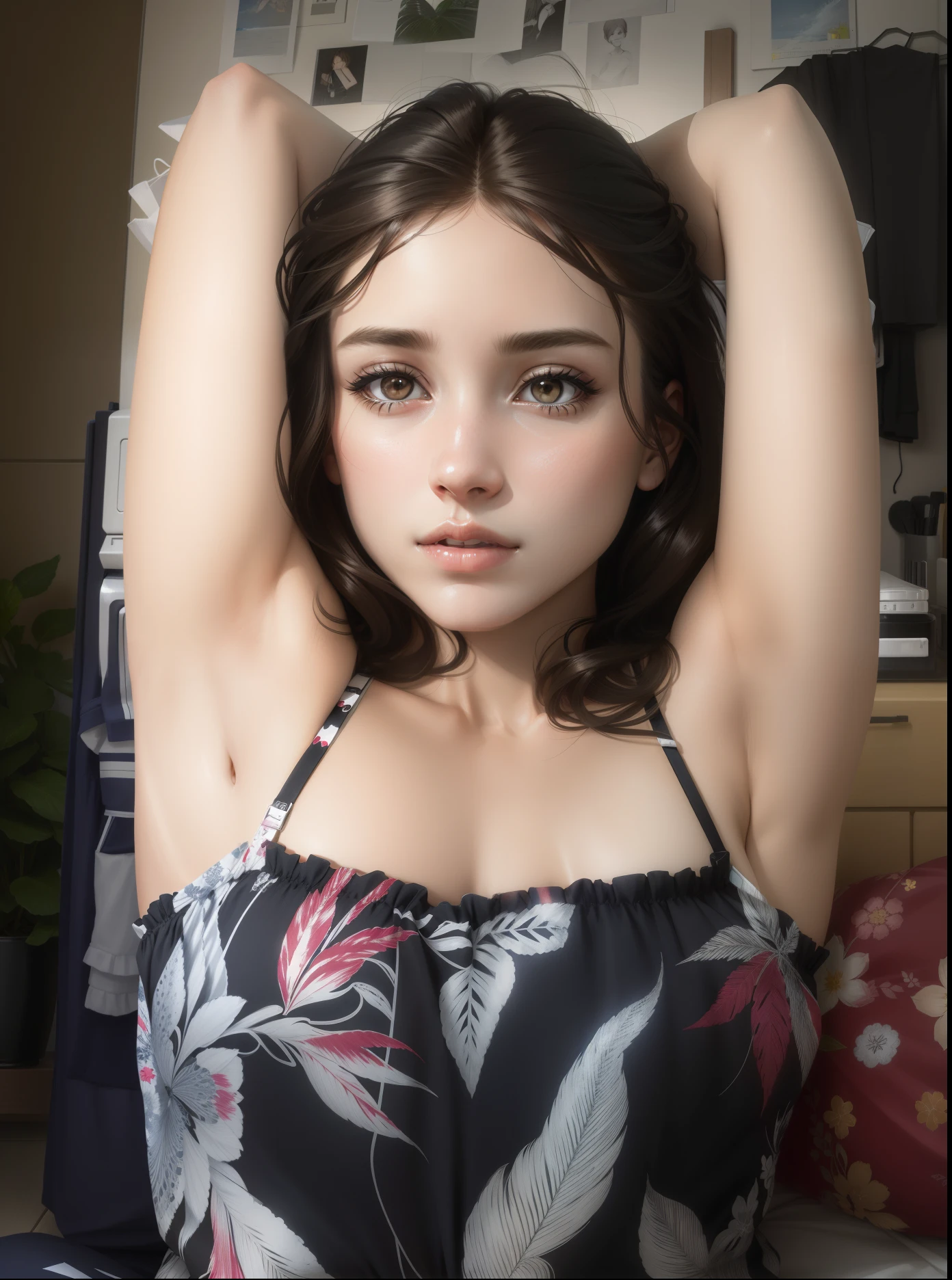 "(((realistic))), ((((woman)))), straight from real life, with (hair_brown) brown hair, sleeping on a bed wearing (camisole_White) White  camisole and panties, navel and armpit showing."