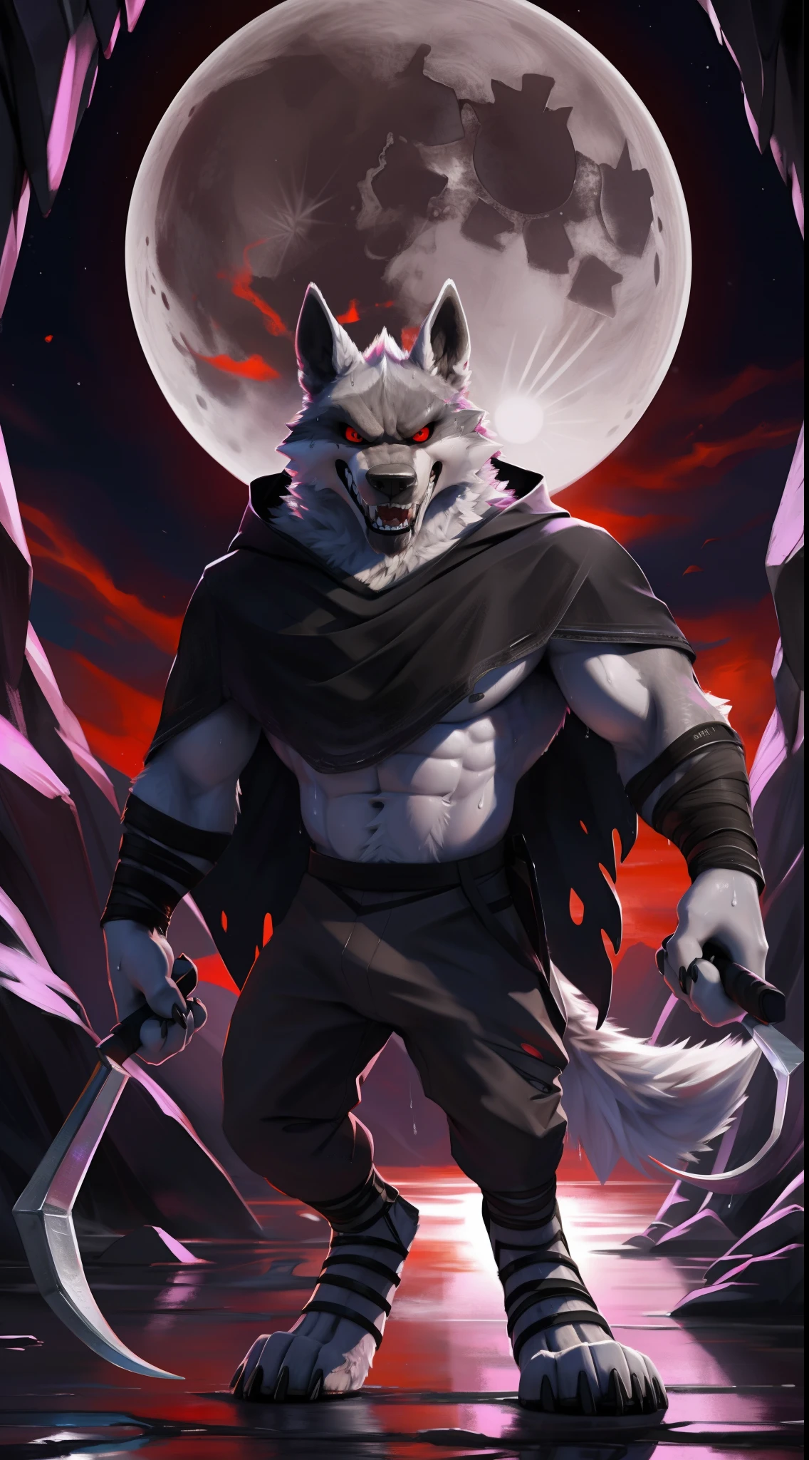 deathwolf, 1boy, solo, colored sclera, red eyes, furry, big long black old torn cloak, white fur, upper body shot, anthro, (frown:1.2), (angry:1.5), (opened wide eye:1.5), hand holding sickle, (looking forwards:1.5) , male, muscular, tall, muscular anthro, (sweat:1.4), muscular male, aged up, hi res, (bottomwear:1.2), 8k hd, extreme detail, detailed background, dark cave, red sky, bright big moon, by Pino Daeni, (by ruaidri), by virtyalfobo
