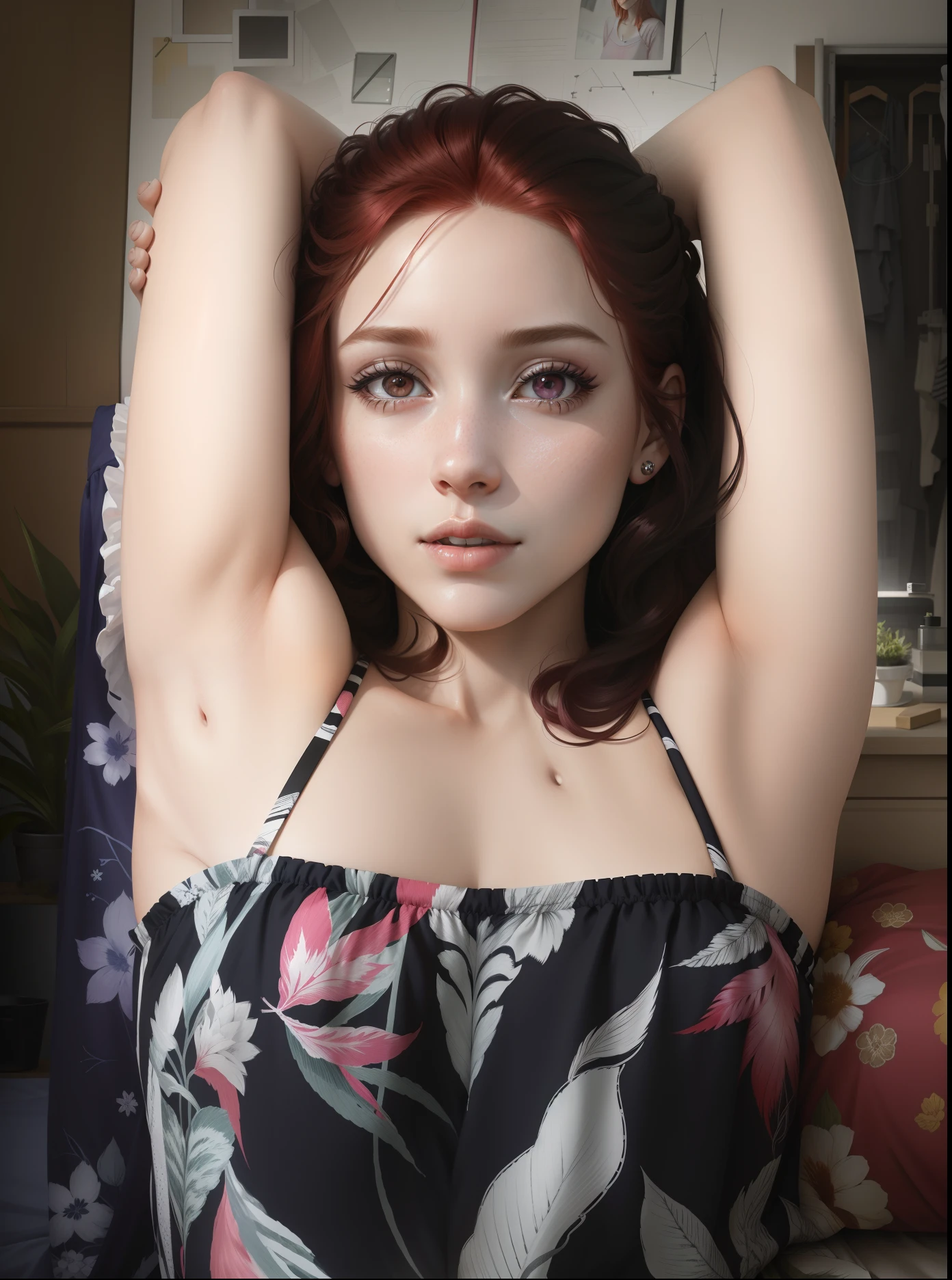 "(((realistic))), ((((woman)))), straight from real life, with (hair_red) red hair, sleeping on a bed wearing (pijama_pink) pink pajamas and long pants, navel and armpit showing."