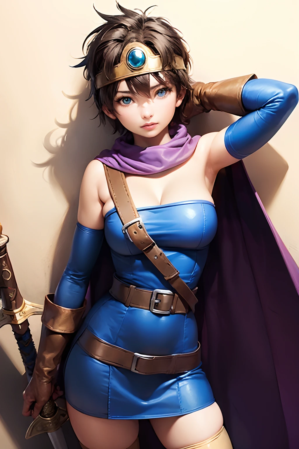 (masterpiece, best quality:1.1), (sheathed weapon on back:1.2), roto (dq3), 1girl, solo, short hair, brown hair, blue eyes, circlet, large breasts, cleavage, strapless, blue dress, purple cape, thighhighs, elbow gloves, boots, belt, scabbard,, knee boots, simple background,