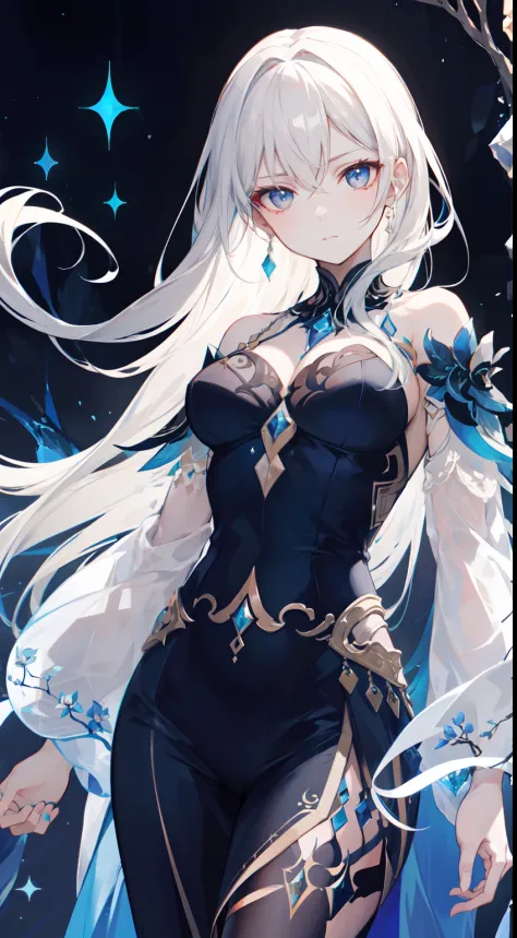 Seffaria, a woman shrouded in mystery, stands gracefully on the endless shore, surrounded by abyssal darkness. The crystal of harmony she holds in her hand emits a gentle light, creating a faint glow amidst the encompassing obscurity. Her face, full of exp...