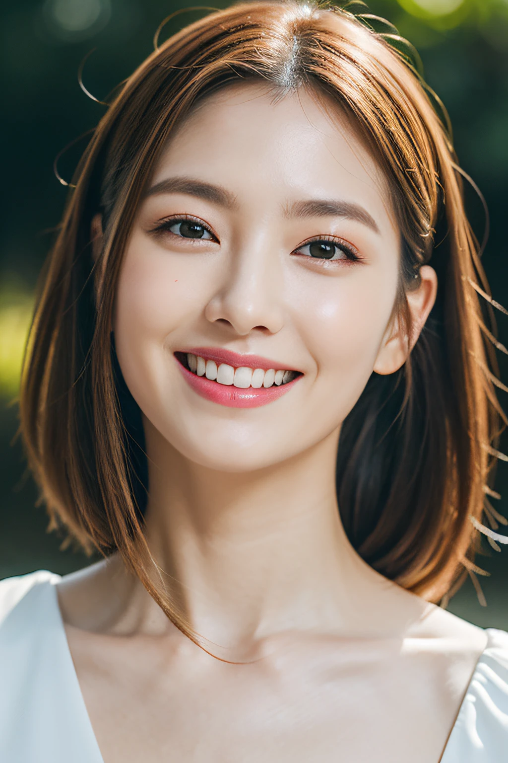8K、Raw photography、Photorealsitic、top-quality、​masterpiece、hight resolution、26 year old、lipgloss、Eye lashes、A smile、Bright face、glistning skin、depth of fields、chromatic abberation、Wide illumination、Natural shades、Calm bliss、Diffuse light viewer