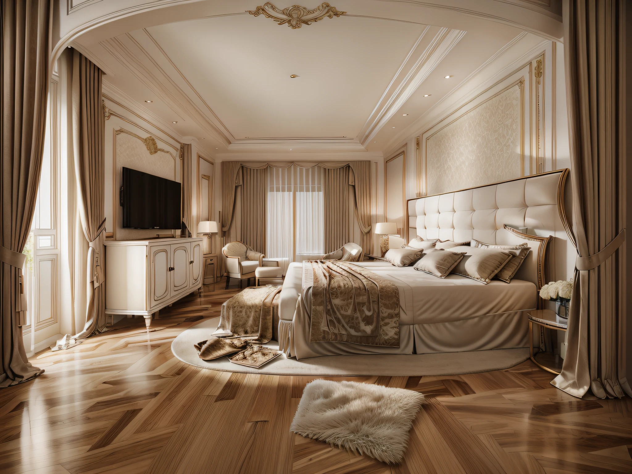 The bedroom includes a bed, wardrobe, TV cabinet, curtains, moldings, neoclassical style, 8k resolution, vray rendering, soft colors, super real photos, charming