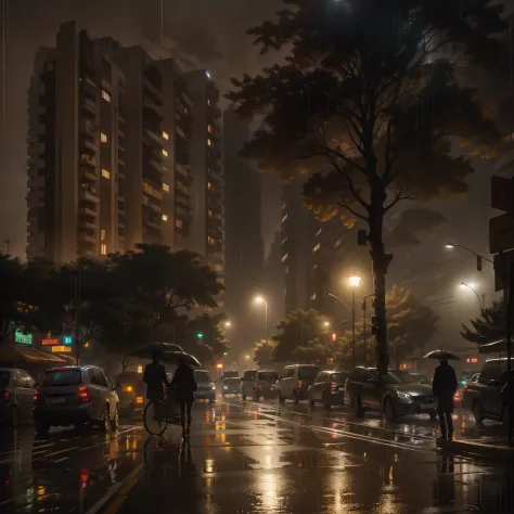 the night，downpours，salama，High-rise buildings，lamplight，crowd of，the street，the trees，cart