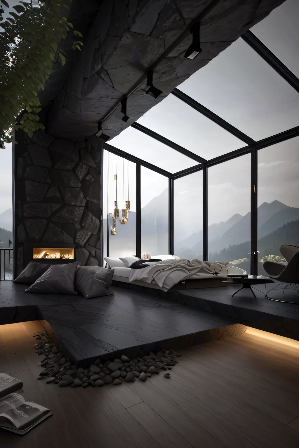 There is a large bedroom with fireplace and a bed, cozy place, integrated in the mountains, glass room, dark interior, Fog room, natural light in the room, relaxing environment, dark and modern, dark bedroom, cozy room, cozy and calm, luxurious environment, with backdrop of natural light, cosy atmoshpere, dark and moody aesthetic