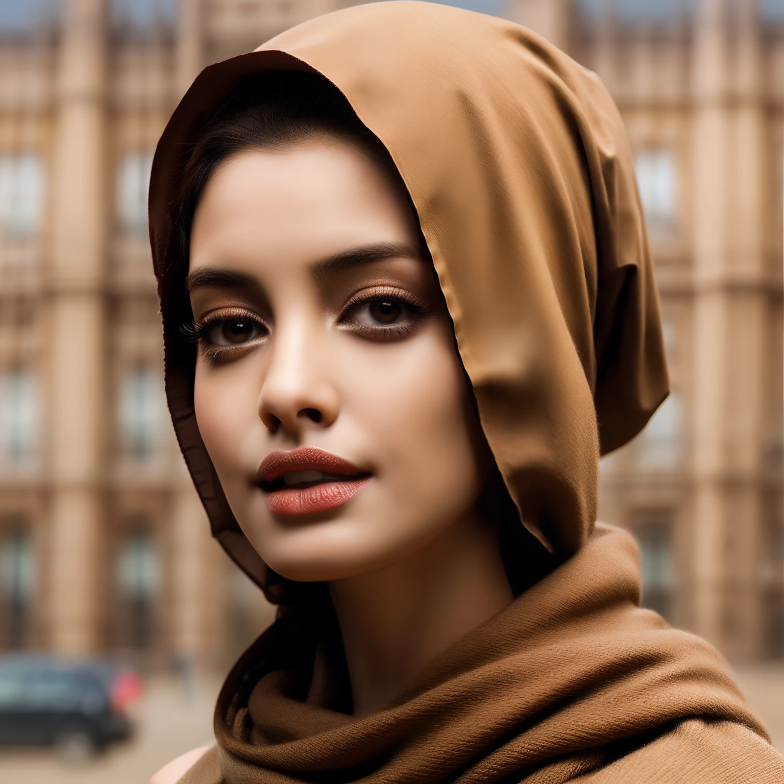 gorgeous Muslim girl: : doll face: : brown eyes: : she wears rich clothes and beige scarf on her head: : light makeup: plump coral lips: : 4K: : highly detailed: : hyper realistic: : photorealistic: : --no hair