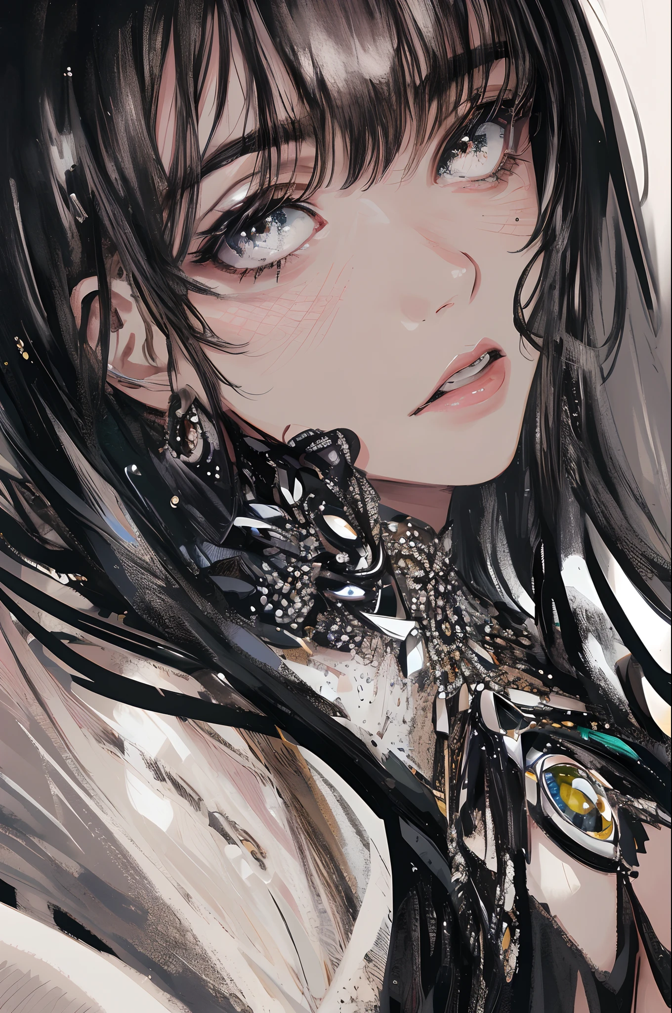 ((masterpiece, best quality, ultra-detailed, high-resolution)), solo, beautiful girl, gleaming eye, perfect eye, age 15, black white gold theme,