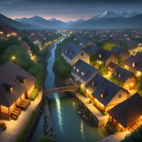 scenecy，the night，sprawling，Mountains，There is a river running through the village，Overlooking