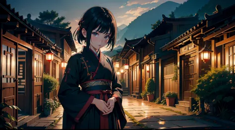 （（tmasterpiece，best qualtiy）），illustratio，Ultra-detailed 8K，Photorealsitic，Clear focus，A highly detailed，Professional lighting，Colorful detailed，(Rural China，In the yard，a 10 years old girl，Wear clothes full of patches，Black colored eyes，Short black hair)