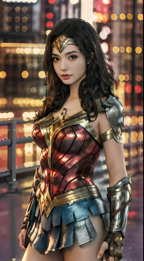 best quality, 1girl, solo, wonder woman, breasts, looking at viewer, upper body, black hair,  brown eyes,  cityscape, blurry bac...