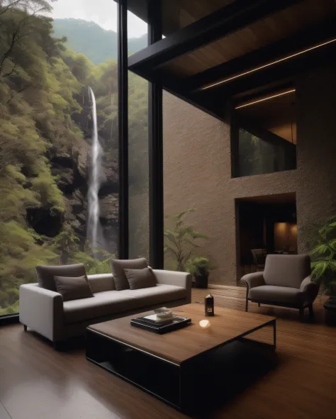 vista para uma sala de estar com uma cachoeira ao fundo, integrado nas montanhas, com cachoeiras, paredes da cachoeira, ao lado ...