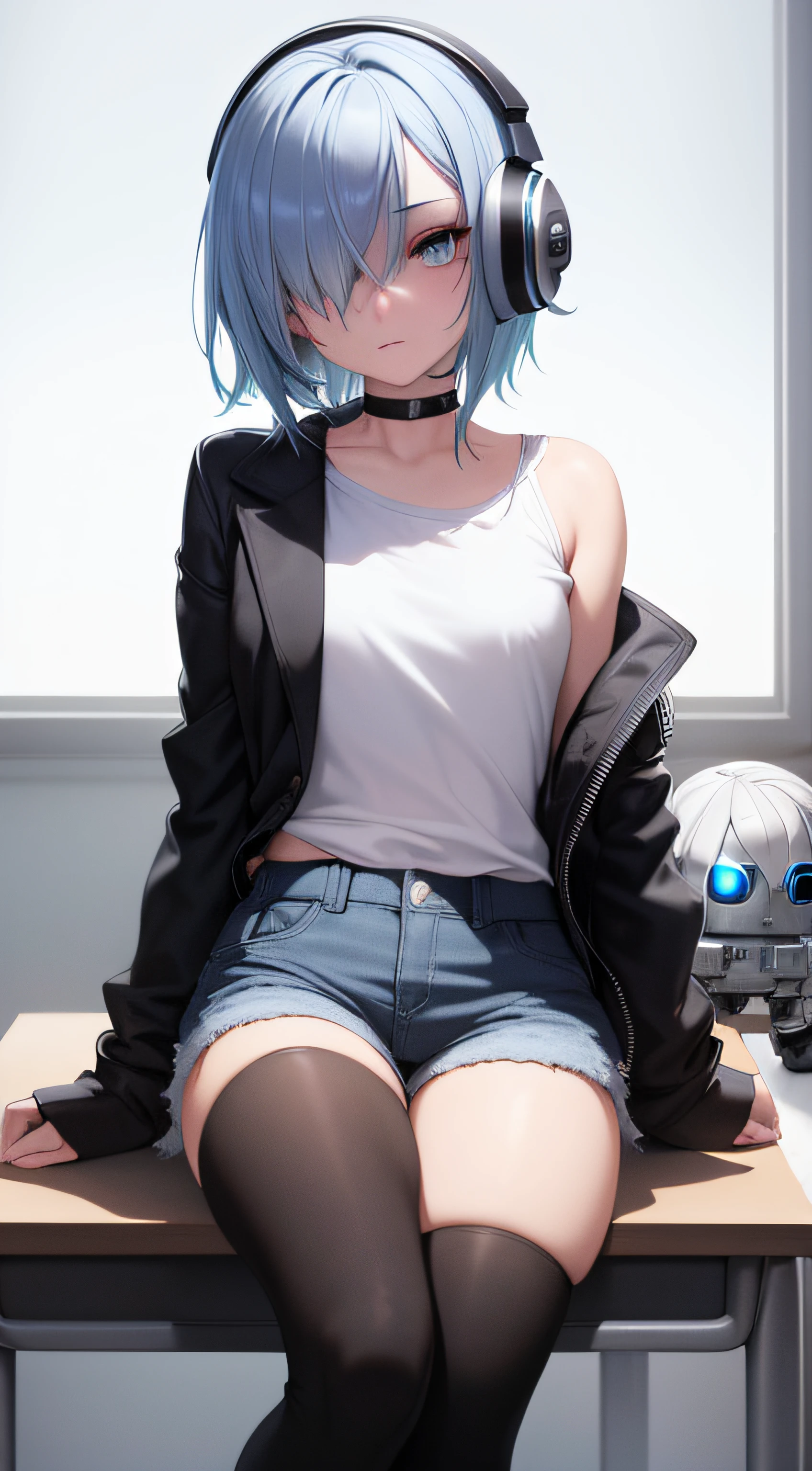 ultra-detailed, masterpiece, highest quality, 1girl, short light blue hair, dark green eyes, sidelighting, glowing eyes, backpack, high quality, best quality, headphones, white shirt, oversized shirt, straight hair, lean body, jean shorts, black thigh highs, black boots, light rays, looking to side, upper body, computer on desk, solo, robot arm, sitting at desk, , robot arm, Bags under eyes, tired, choker, hair over one eye, black jacket
