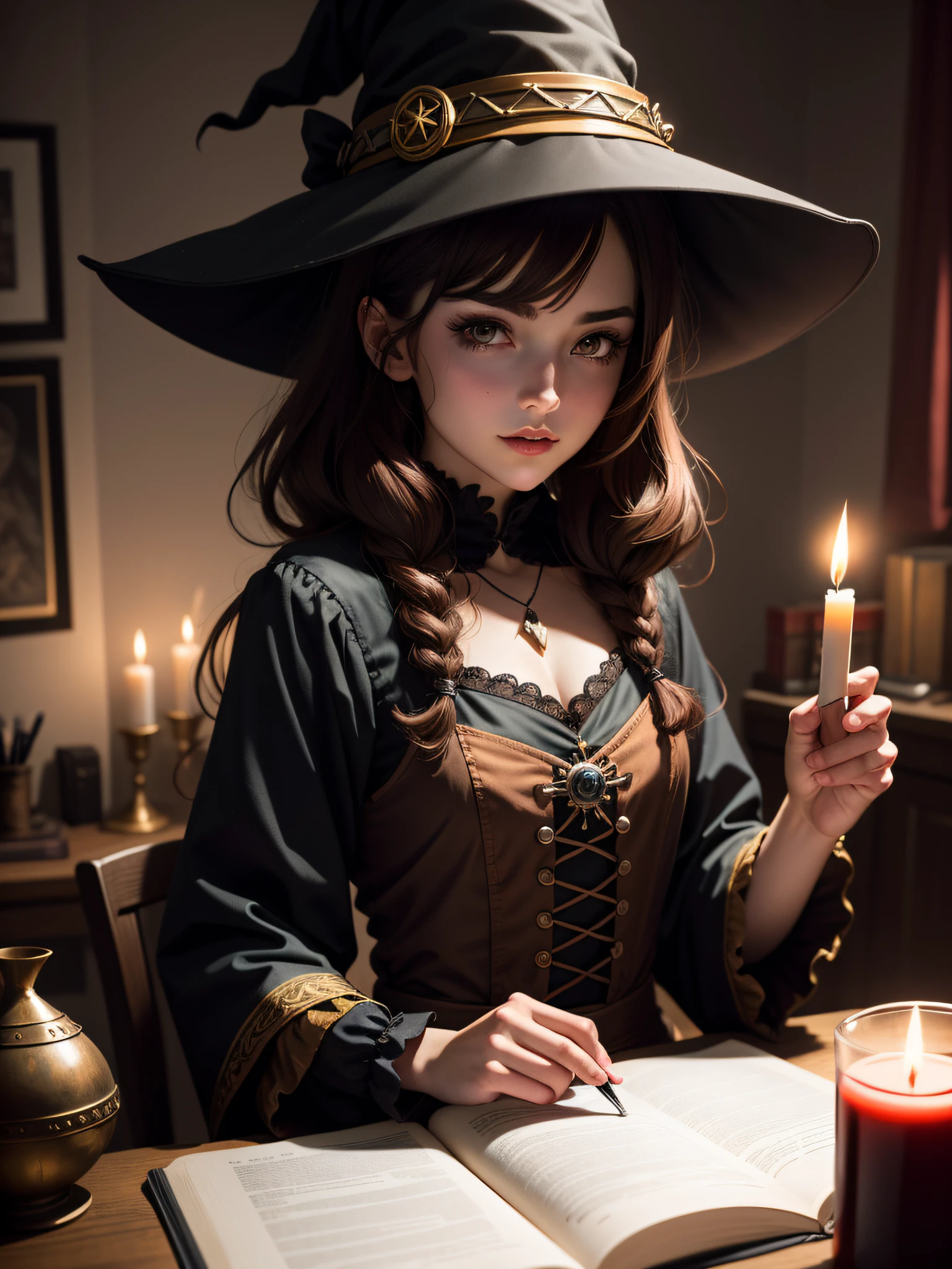 portrait de sorcière waifu, mal, Sournois, chapeau de sorcière, livre de sorts sur la table, la lumière d&#39;une bougie, la magie, lit sombreroom, cheveux bruns, lit sombre, Moyen-âge, la lumière d&#39;une bougie, Couleurs chaudes, Lumière chaude, pénombre, portrait sombre, Style animé, jolie fille, Anatomie parfaite, centré, très détaillé, feuille de personnage, Station artistique, art conceptuel, lisse, netteté, illustration, Éclairage cinématographique