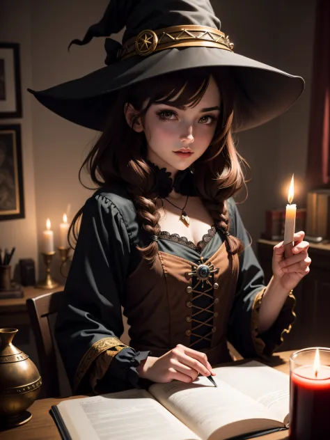 witch girl waifu portrait, evil, sly, witch hat, spell book on table, light from a candle, magic, dark bedroom, brown hair, dark...
