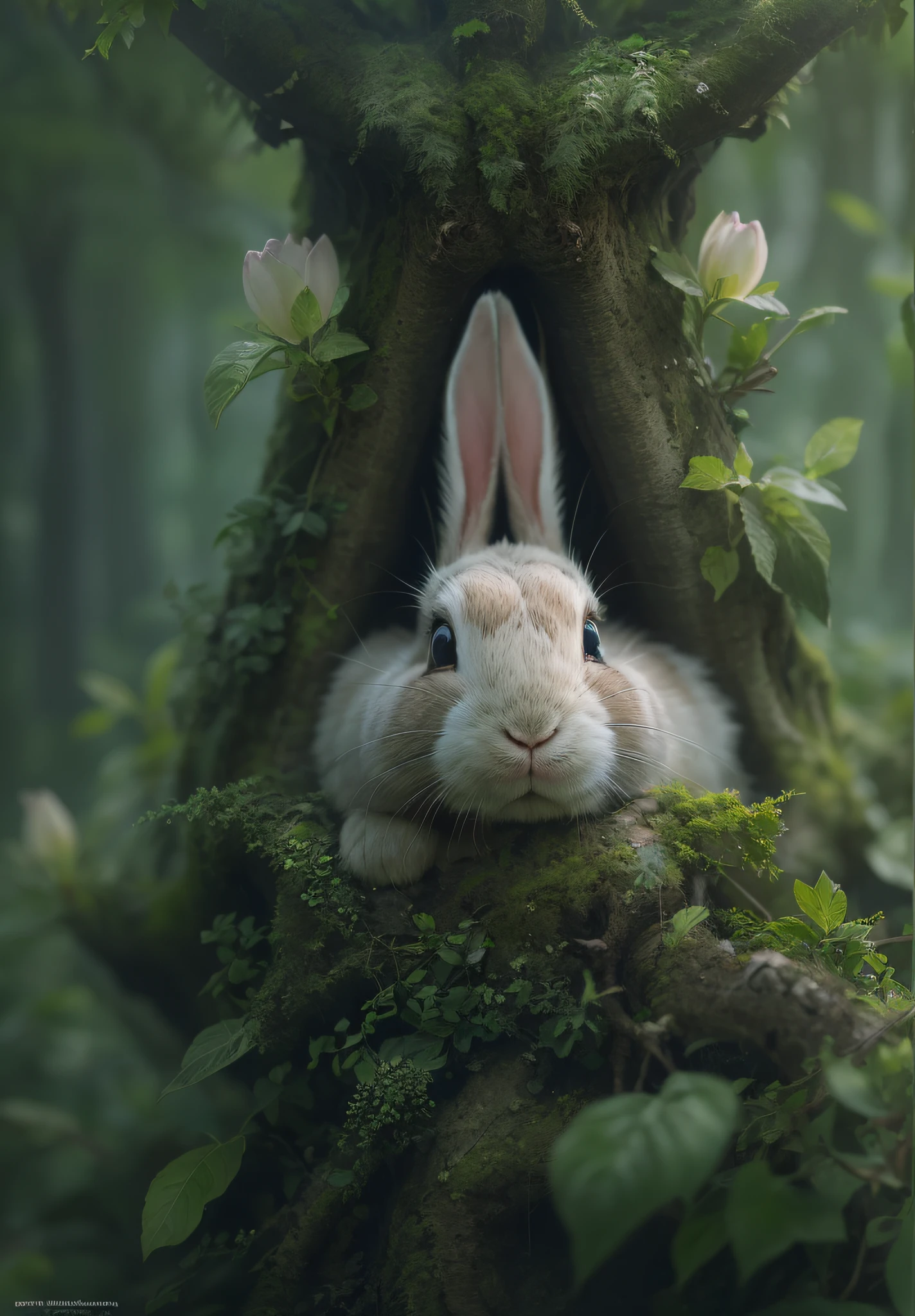 Rabbit Photos、the woods、Haze、Halation、bloom、Dramatic atmosphere、central、thirds rule、200mm 1.4F Macro Shot、(natural skin textures、Hyper-Realism、Soft light、sharp:1.2)、(intricate-detail:1.12)、nffsw、(intricate-detail、ultra-detailliert:1.15)、Art by Greg Rutkowski and ArtGerm、Soft Cinematic Lights、adobe lightroom、Photolab、nffsw、Convoluted、ighly detailed、(depth of fields:1.4)