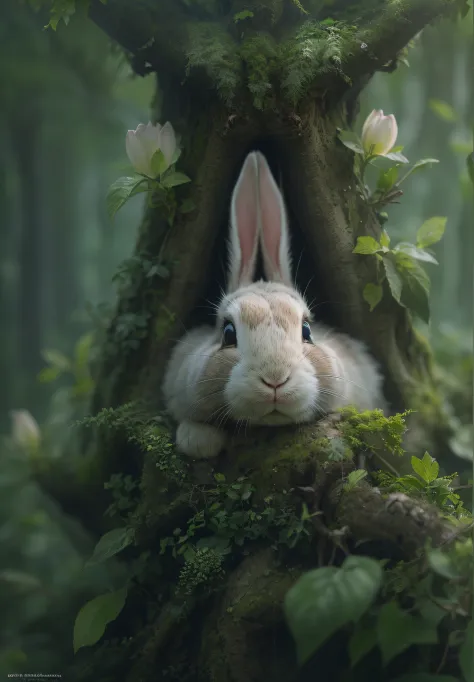 Rabbit Photos、the woods、Haze、Halation、bloom、Dramatic atmosphere、central、thirds rule、200mm 1.4F Macro Shot、(natural skin textures...
