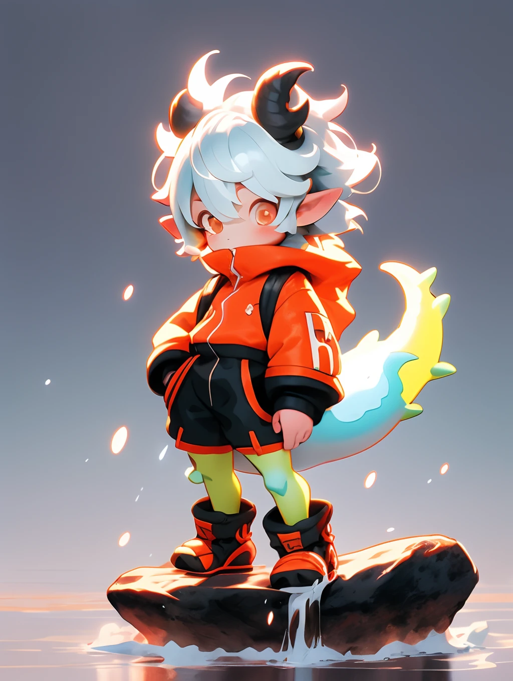 Image stylistique d’un petit garçon debout sur un rocher au bord de la mer, art conceptuel par Shitao, Pissif, art à fourrure，tendance sur artstation pixiv, Oeuvre de style Guviz, lalafell, Guviz, Guweiz sur ArtStation Pixiv, jeune dragon anthropo mâle，cheveux blancs，cheveux blancs，Photos en gros plan，rouge