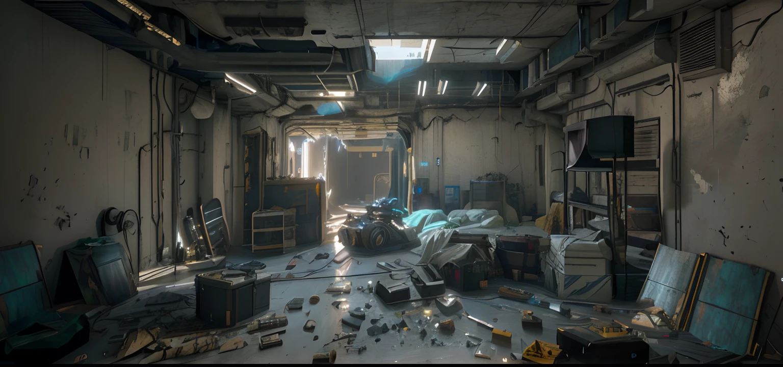 There was a room with a lot of rubbish and a lot of furniture, hyper-realistic environment, photorealistic dark concept art,. illusory engine, Arte conceptual fotorrealista, illusory engine. cinematic Film still from, by senior environment artist, Unreal Engine renders concept art, Hyper-realistic cyberpunk style, photorrealistic concept art, 4k concept art and hyper realism