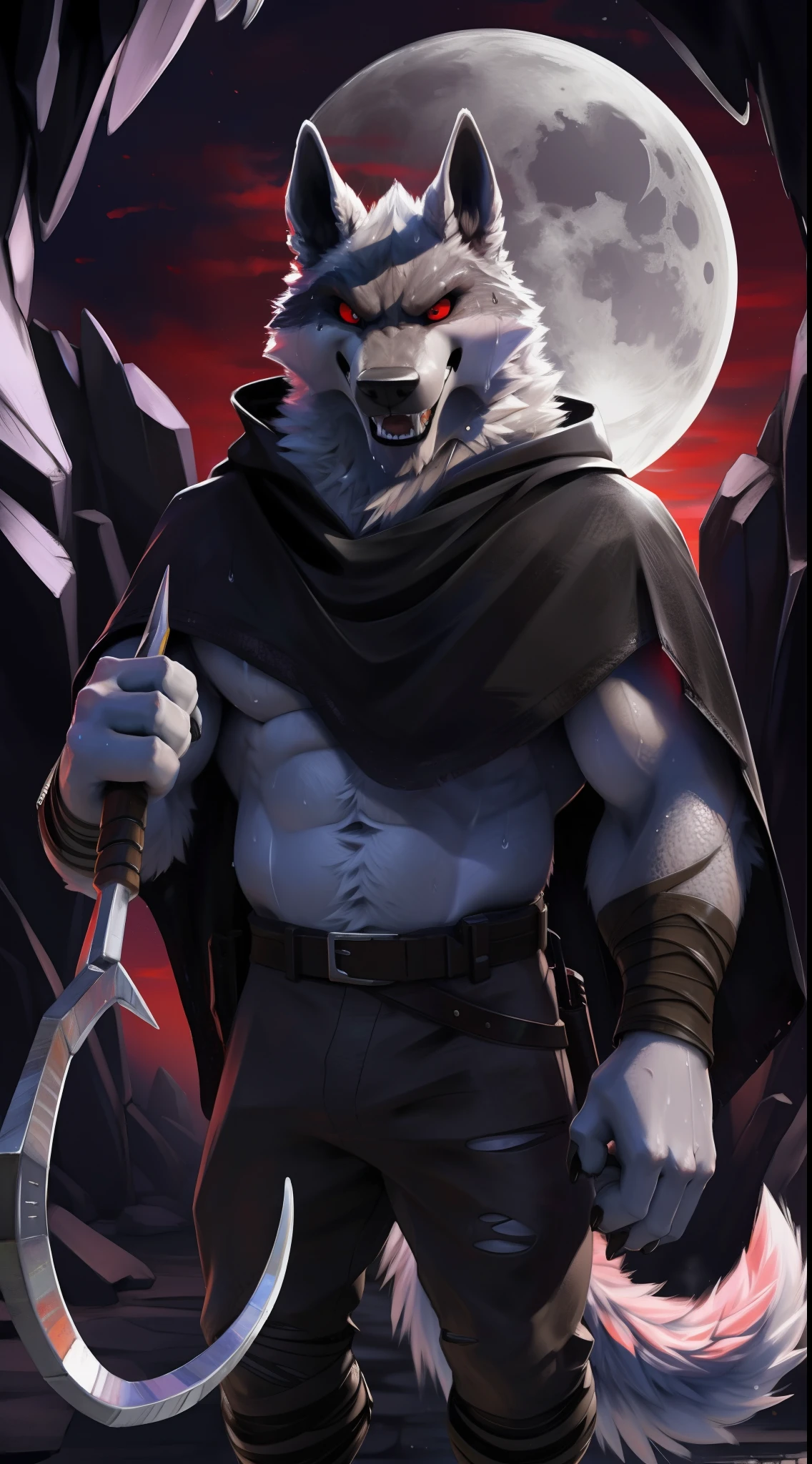 deathwolf, 1boy, solo, colored sclera, red eyes, furry, big long black old torn cloak, white fur, upper body shot, anthro, (frown:1.2), (angry:1.5), (opened wide eye:1.5), hand holding sickle, (looking forwards:1.5) , male, muscular, tall, muscular anthro, (sweat:1.4), muscular male, aged up, hi res, (bottomwear:1.2), 8k hd, extreme detail, detailed background, dark cave, red sky, bright big moon, by Pino Daeni, (by ruaidri), by virtyalfobo