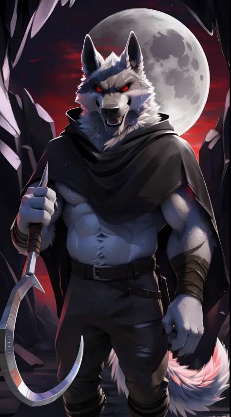 deathwolf, 1boy, solo, colored sclera, red eyes, furry, big long black old torn cloak, white fur, upper body shot, anthro, (frow...