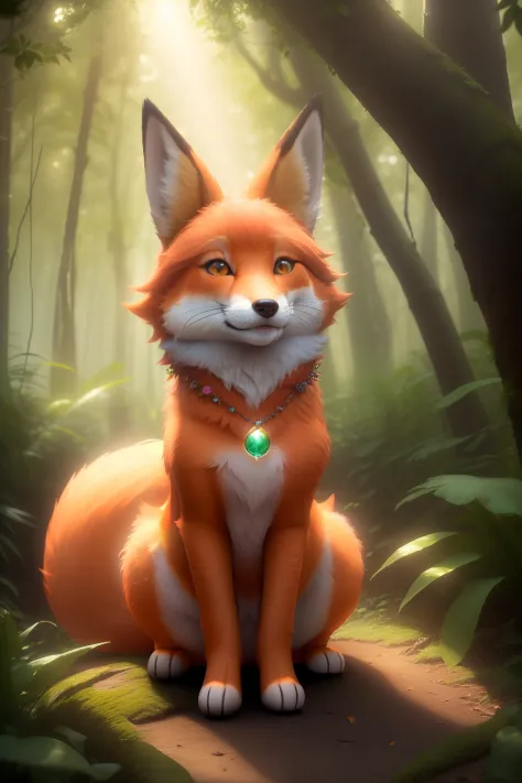 An enchanting Pixar 3D render of Lila, the lively fox, LIVES IN THE AMAZONIA FOREST, with her soft orange fur illuminated by the warm glow of the sun. She wears a playful green leaf skirt and a charmingly mismatched bow on her head. The scene is set in a w...