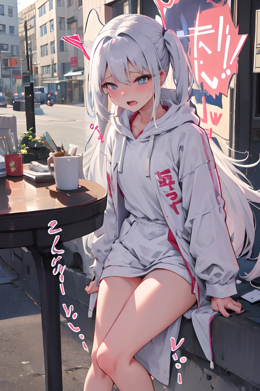 A white-haired woman in a hoodie and hood blushed on the street, The crying mouth opened and drooled，There are massage sticks on the ground，Jumping eggs，climaxing，Embarrassed,  Describe the role in detail，Detail portrayal of hair，Detailed depiction of the body，Details thighs，Detailed engraving of the picture section，Perfect face，Be watched，Underwear is taken off，Panties on the table，Dynamic posture，Look away、The erection、embarrassed from，Stockings，ahegao，Sit，Against the wall，Open mouth and stick out tongue，heart-shaped pupils，tongue out