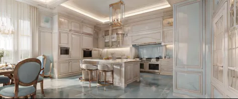 the kitchen includes a kitchen, a dining table, a decorative island table, a molding, a neoclassical style, 8k resolution, vray ...