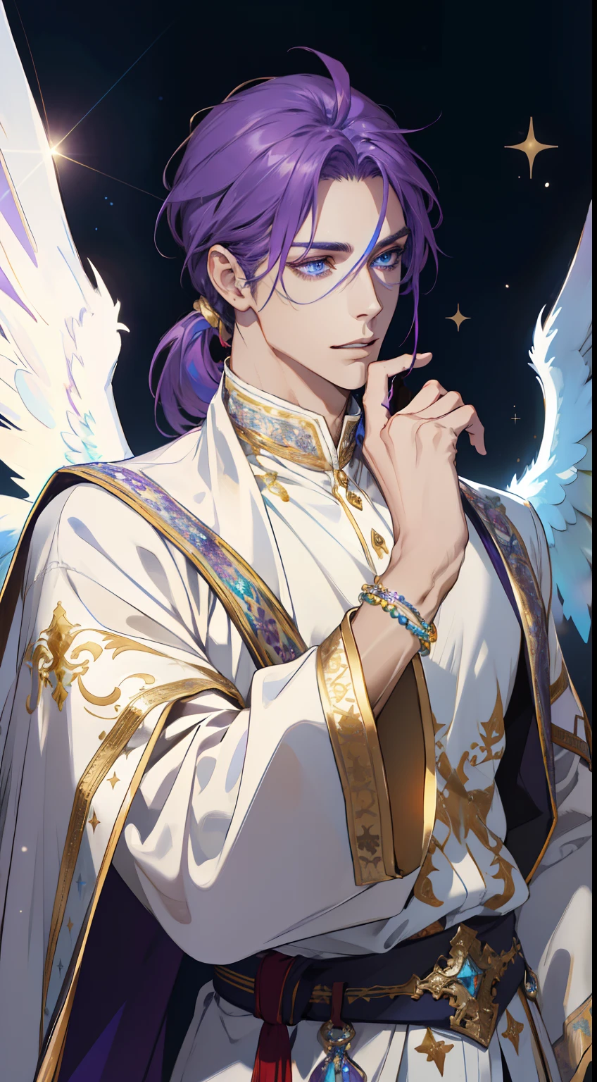 (absurdres, highres, ultra detailed, HDR), 1 male, MALE ONLY, adult, handsome, tall muscular guy, broad shoulders, finely detailed eyes and detailed face, blue eyes, purple color long hair, low ponytail, fantasy, complex pattern, detailed face, big angel wings, lens flare, colorful, glow white particles, white robe, gold bracelets and accessories, prism, glowing, glitter, particles, bloom, likes to celebrate and have fun, enjoys nature, bright and optimistic outlook, creative and adventurous spirit, represents happiness and harmony