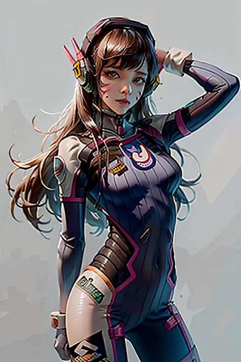 masterpiece, best quality,1girl, d.va (overwatch), solo, long hair, whisker markings, bodysuit, brown hair, facial mark, gloves,...