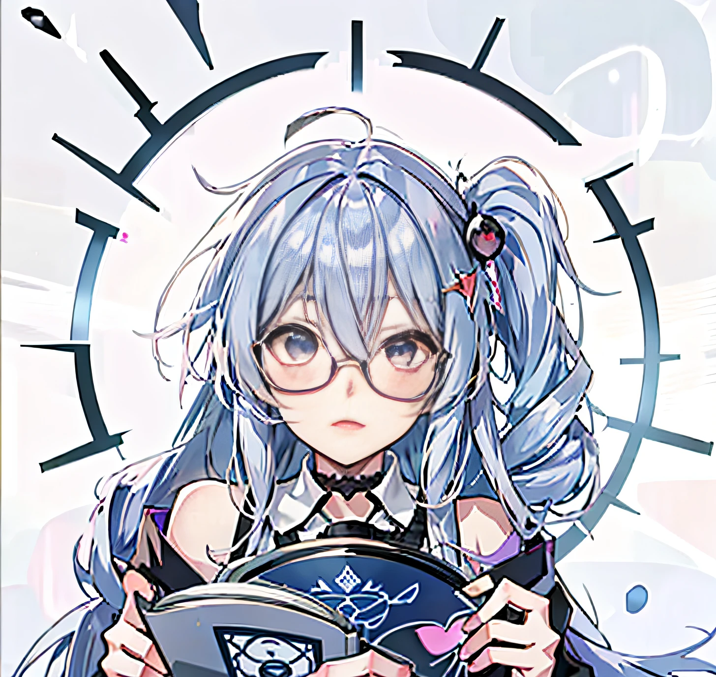 Cheveux bleu clair brumeux，Anime girl lisant un livre avec des lunettes rondes à monture fine, Regarder vers l&#39;avant，visuel animé d&#39;une jolie fille, style artistique anime moe, dans un style anime, saori, Portrait d&#39;une fille animée, une fille d&#39;anime, en tant que personnage d&#39;anime, Anime girl aux cheveux gris-bleu, anime style portrait, portrait de fille magique, ambiance animée, personnage animé, personnage de style anime，vous regarde，Queue de cheval simple à gauche，Noeuds rouges sur les côtés des cheveux，fond blanc，Étoiles en forme de losange gris-noir comme décoration de fond，col noir，robe en dentelle blanche，Le livre à lire est sur la poitrine droite，adorable，espiègle，espiègle，de grands yeux brillants，