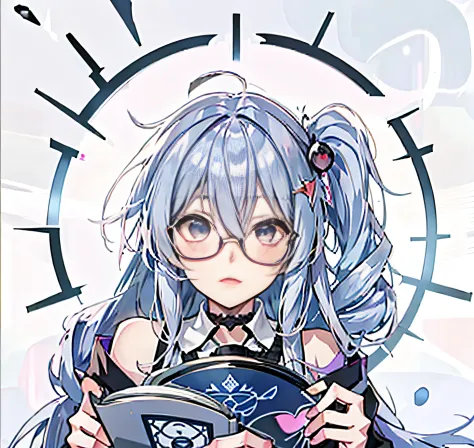 Light hazy blue hair，Anime girl reading book with round fine frame glasses, Look ahead，anime visual of a cute girl, Anime moe ar...