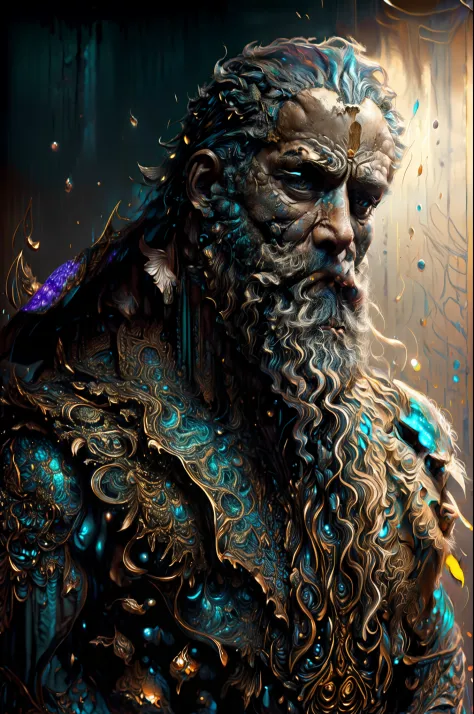 Pintura digital de un hombre con barba y un tocado floreado ,Arte de Alberto Severo, salpicaduras y gotas congeladas multicolore...