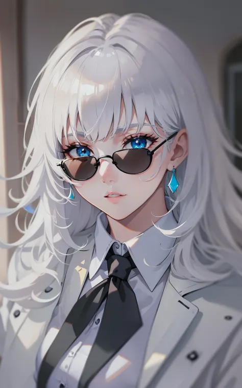 Solo ((perfect handt: 1.2)), White hair, medium hair, best quality, masterpiece, ultra detailed, blunt bangs, beautiful skin, wh...